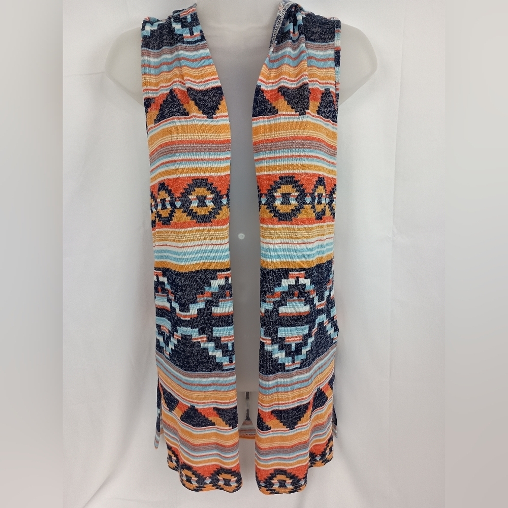 2/$30 Colorful Western Sleeveless Patchwork Knit Hooded Cardigan‎ (#1,290)